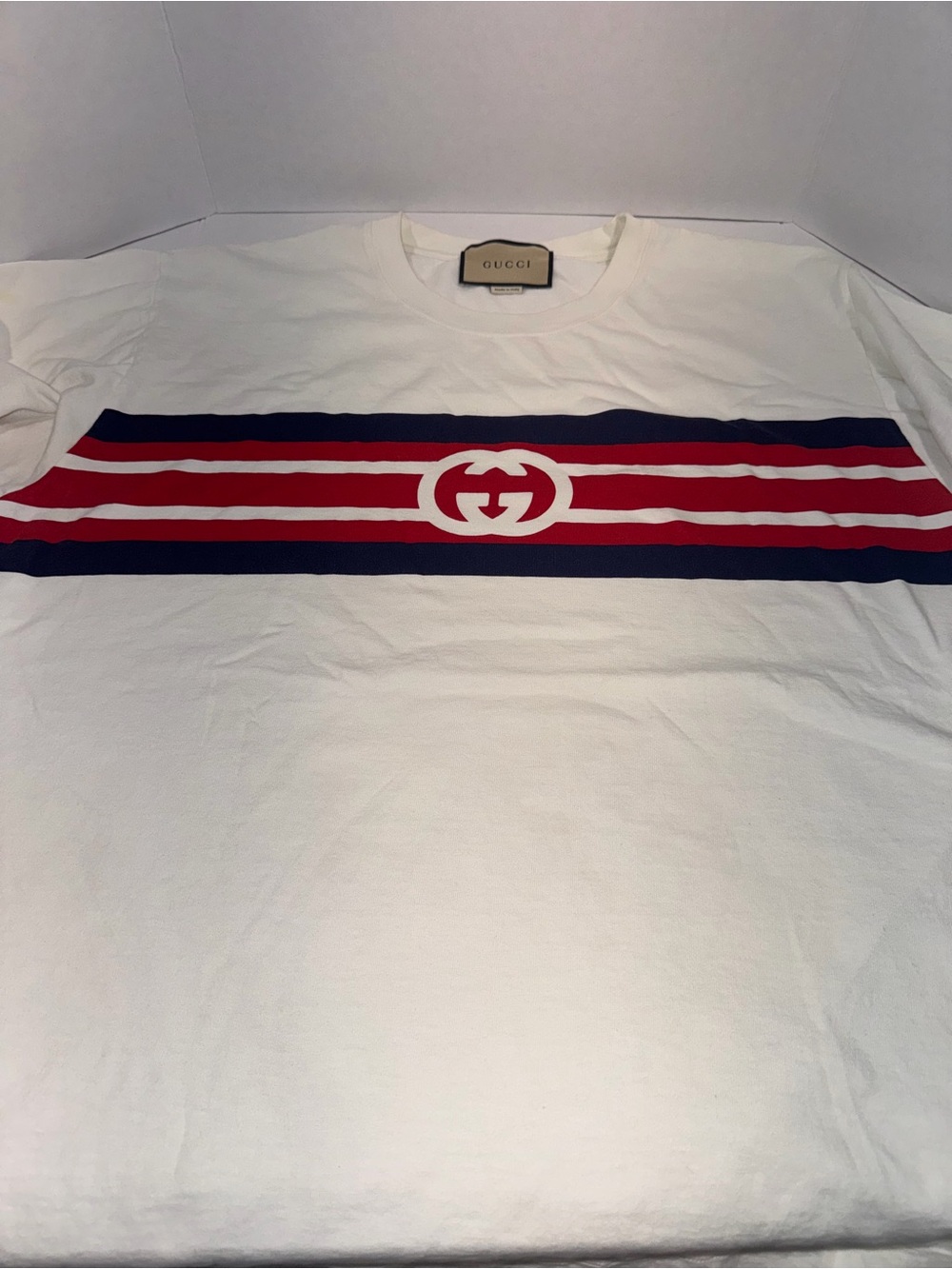 Gucci White Crewneck with Blue and Red Stripe Logo